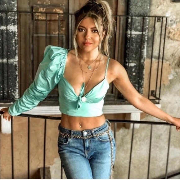 ZARA NEW LIMITED EDITION MINT PUFF SLEEVE ASYMMETRIC TOP SHIRT - Picture 13 of 15